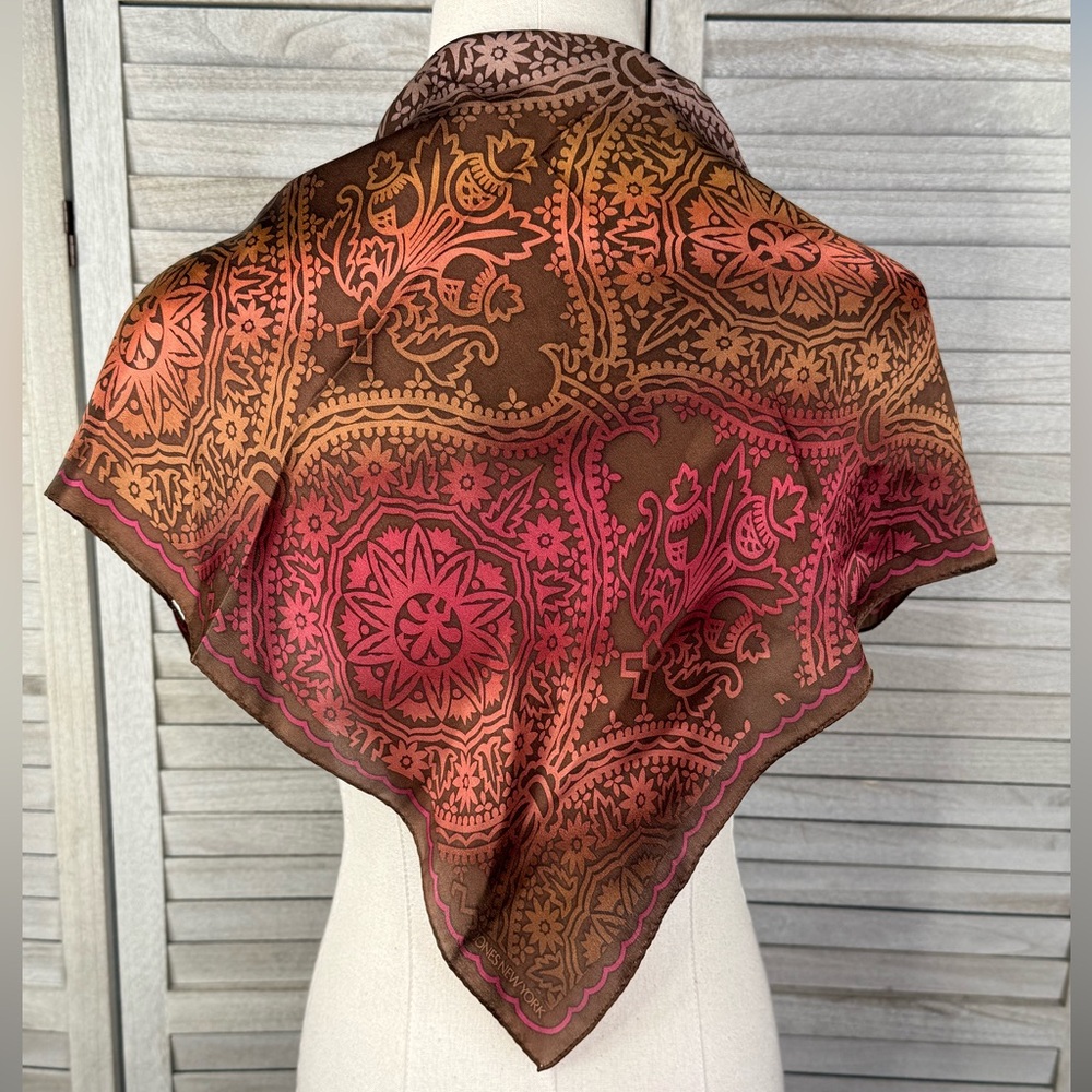 JONES NEW YORK Square Silk Scarf Medallion Pattern Brown/Multi